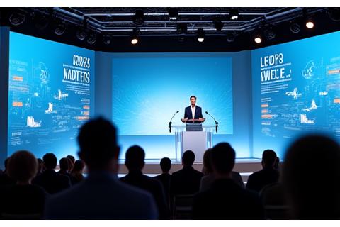 Eine moderne Konferenzbühne mit Redner, grossen LED-Bildschirmen und professioneller Audiotechnik.
