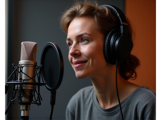 Professioneller Sprecher nimmt Voice-Over in einem schallisolierten Aufnahmestudio auf