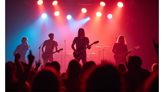 Energetisches Musikvideo einer Rockband auf einer Bühne vor grossem Publikum